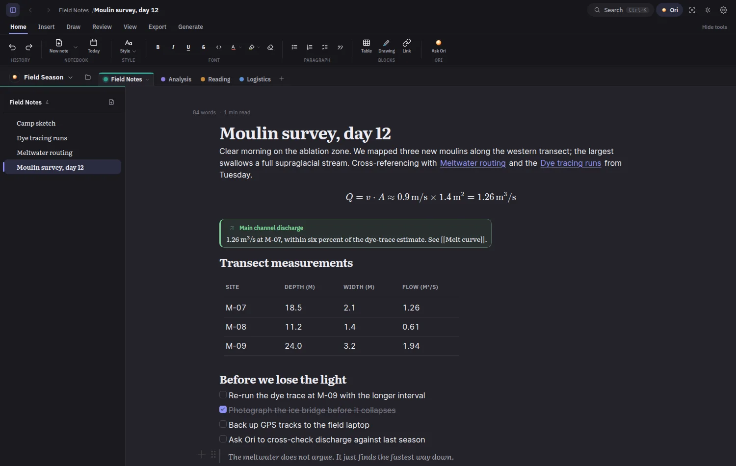 The same rendered note in dark mode